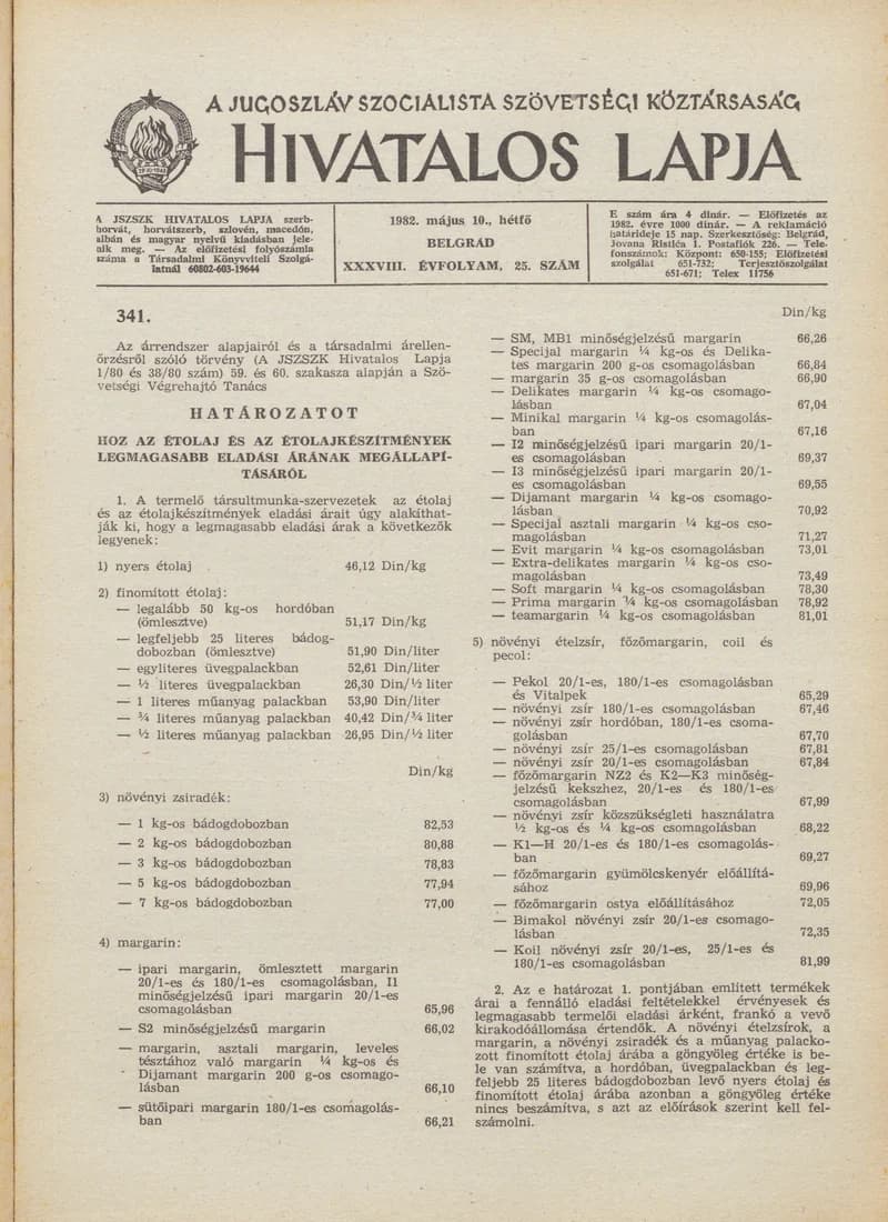 A Jugoszláv Szocialista Szövetségi Köztársaság Hivatalos Lapja, 38. évf. 1982. május 10. 25. sz. 817–824. oldal