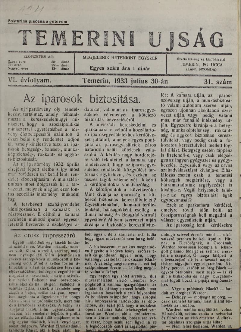 Temerini Újság 1928-1944, 6. évf. 1933. július 30. 31. sz.