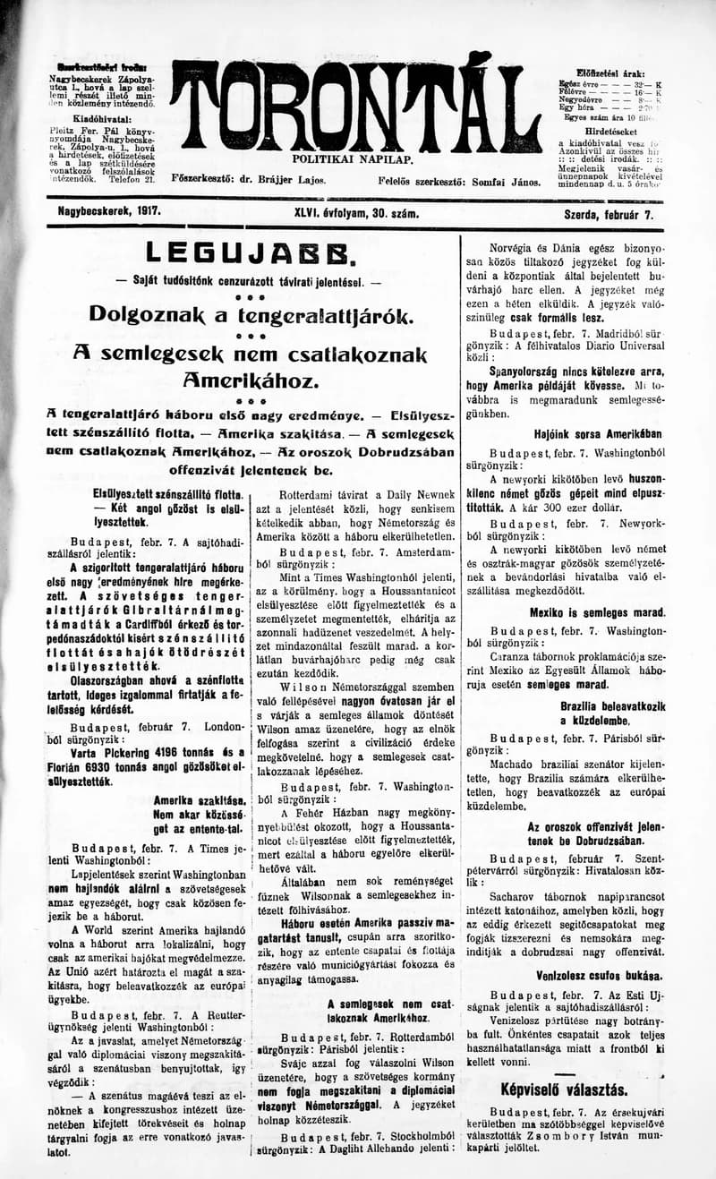 Torontál, 46. évf. 1917. február 7. 30. sz.