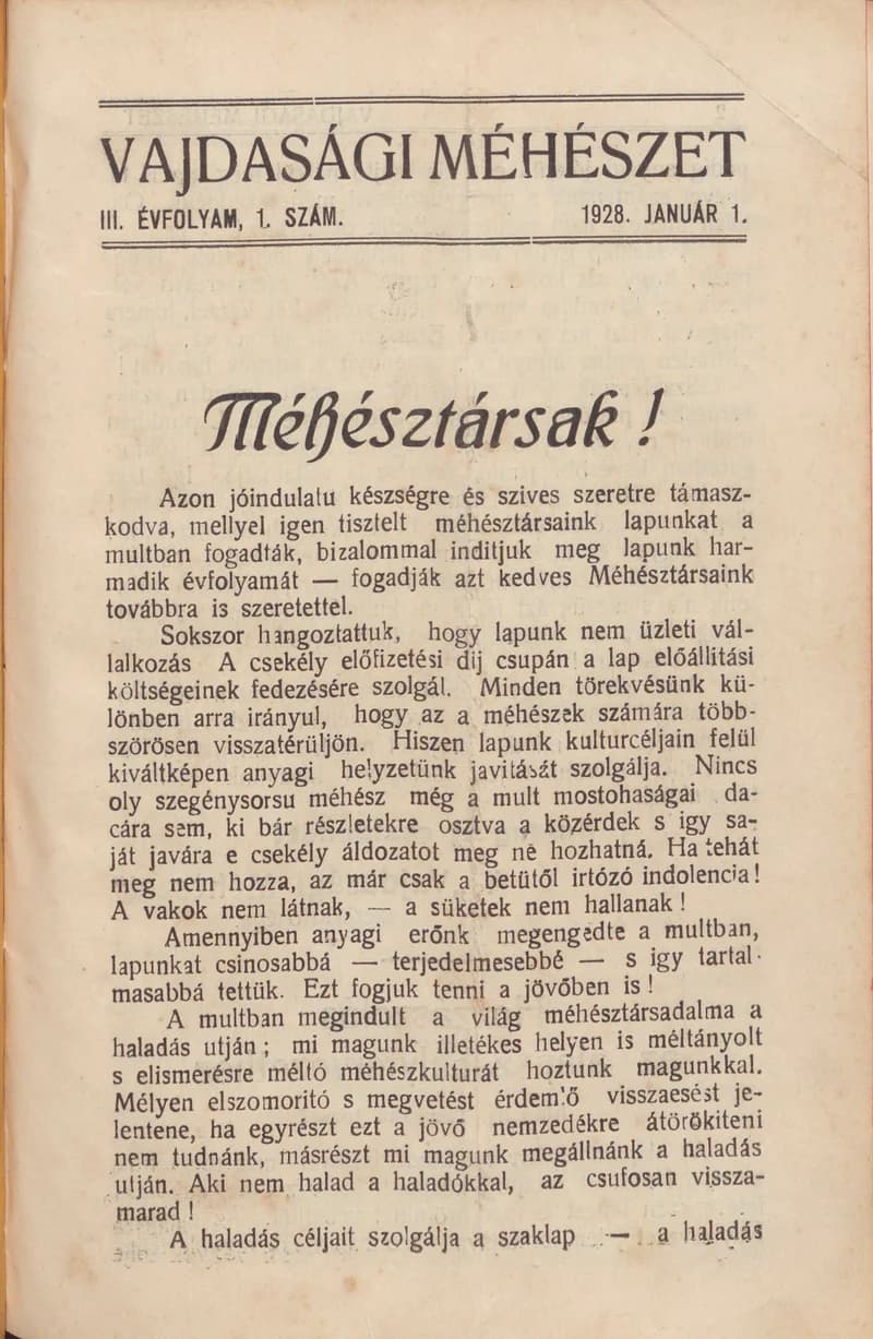 Vajdasági méhészet, 3. évf. 1928. január 1. 1. sz.