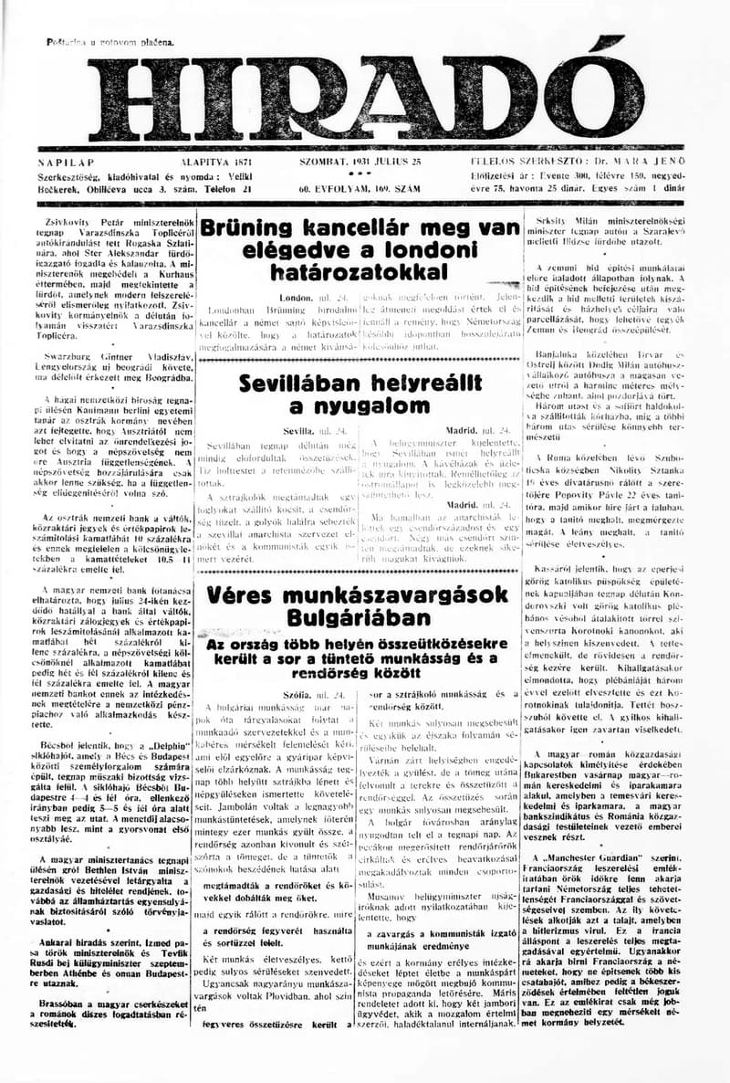 Híradó, 60. évf. 1931. július 25. 169. sz.