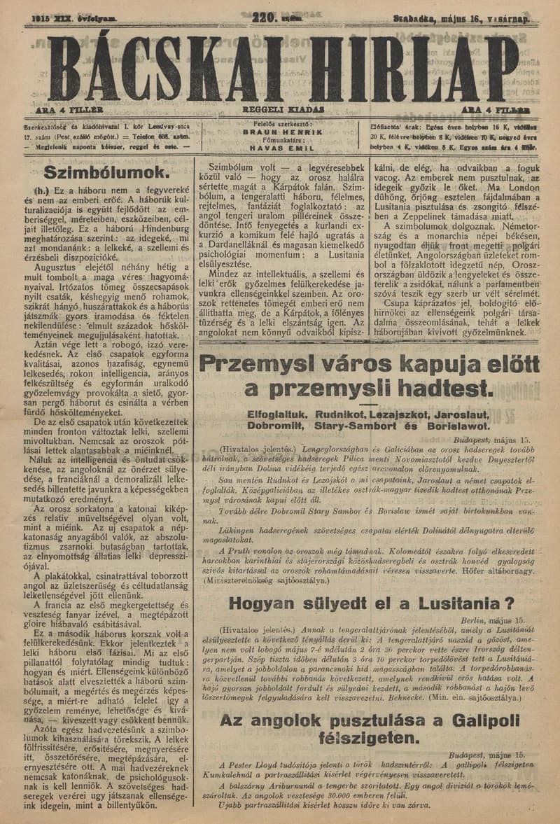 Bácskai Hirlap, 19. évf. 1915. május 16. 220. sz.