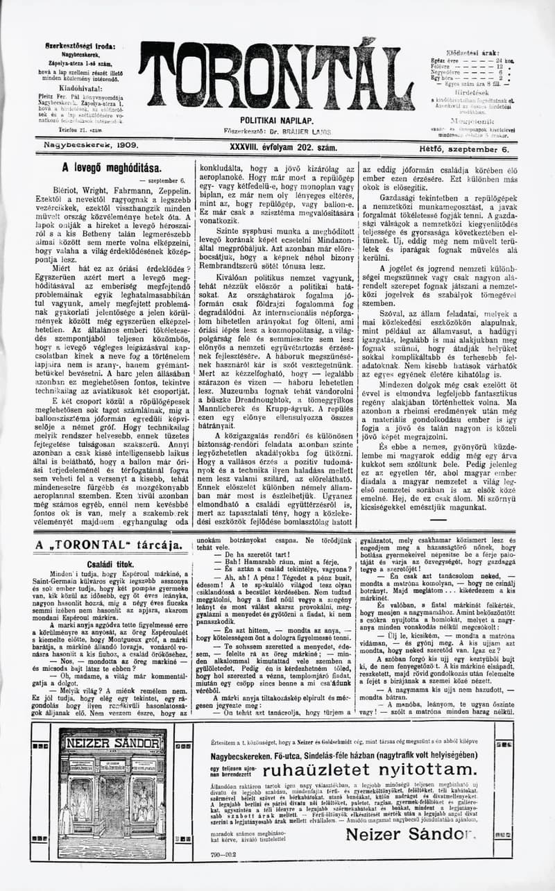 Torontál, 38. évf. 1909. szeptember 6. 202. sz.