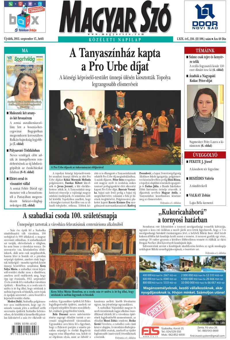 Magyar Szó, 69. évf. 2012. szeptember 17. 216. sz. 1–16. oldal