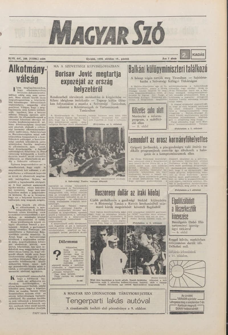 Magyar Szó, 47. évf. 1990. október 19. 288. sz. 1–20. oldal