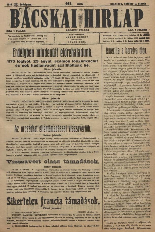 Bácskai Hirlap, 20. évf. 1916. október 11. 465. sz.