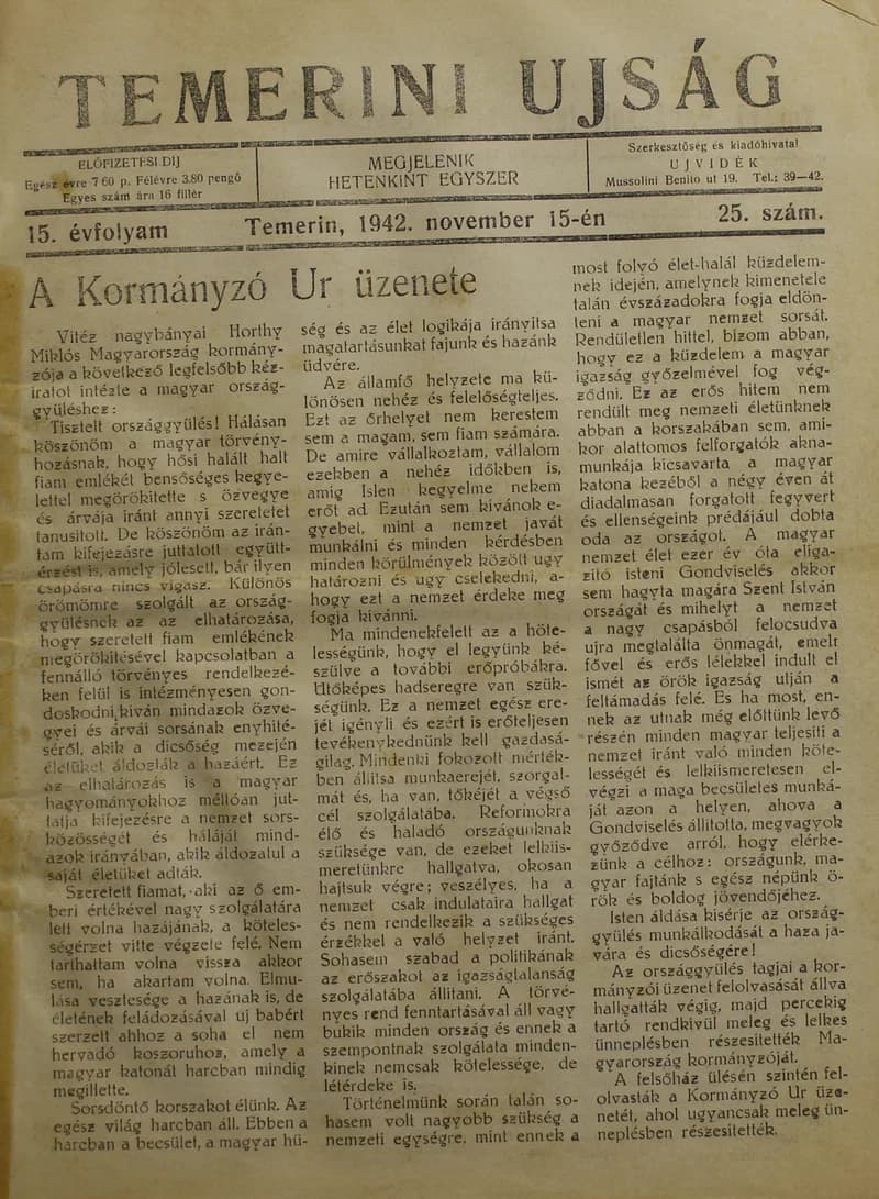 Temerini Újság 1928-1944, 15. évf. 1942. november 15. 25. sz.