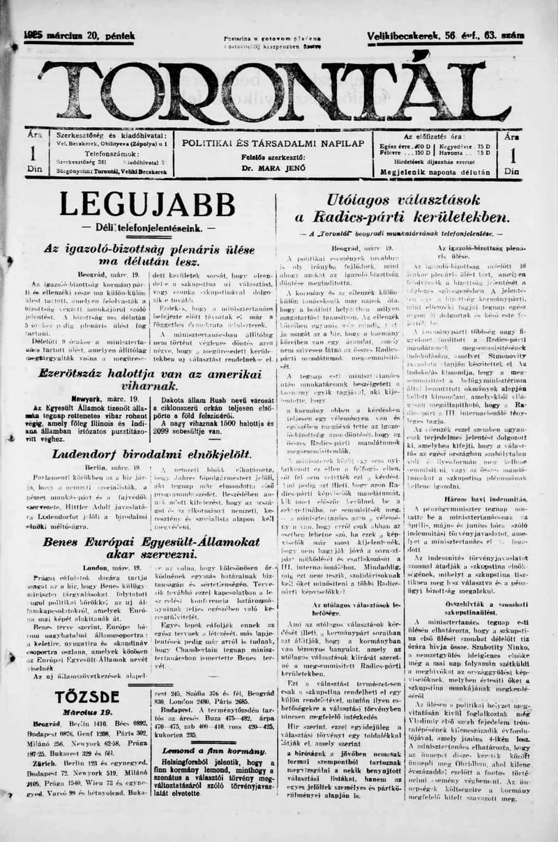 Torontál, 54. évf. 1925. március 20. 63. sz.