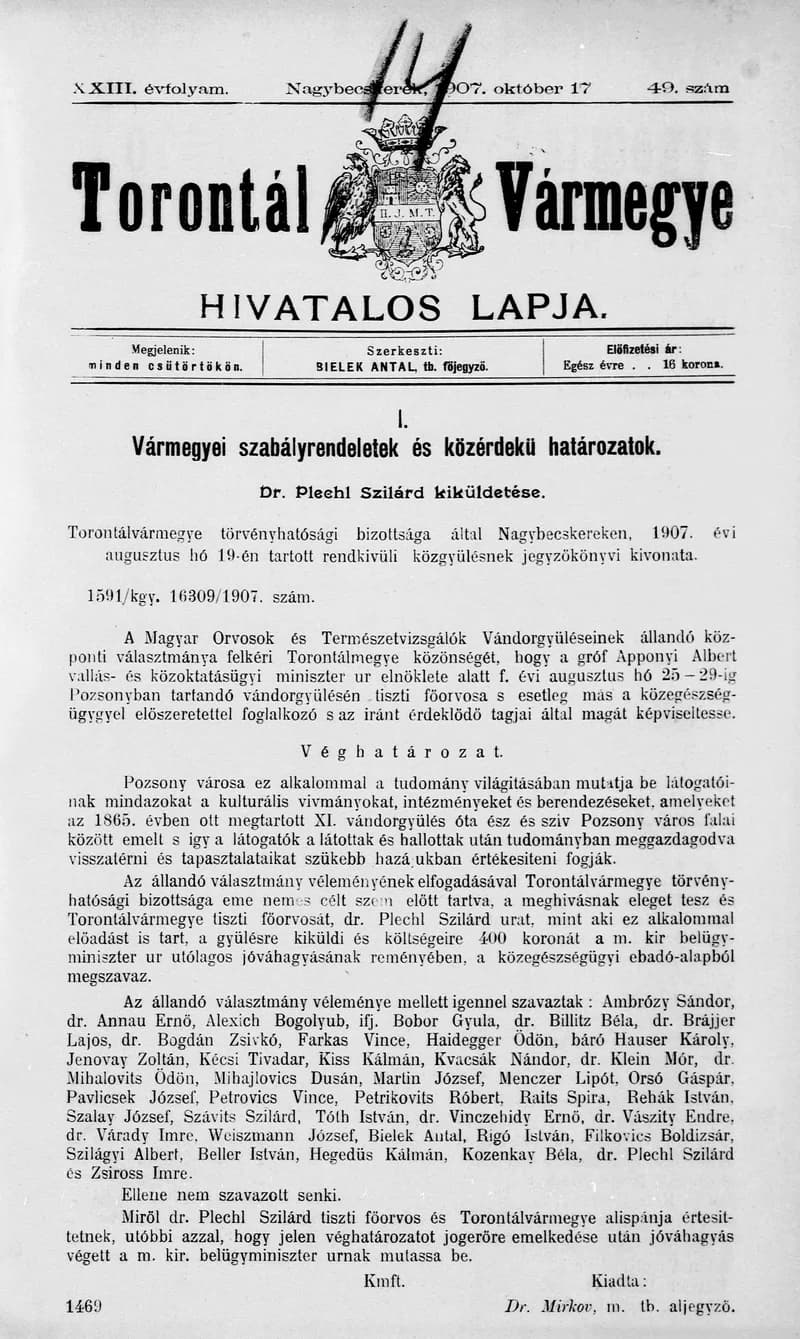 Torontál Vármegye Hivatalos Lapja, 23. évf. 1907. október 17. 49. sz.