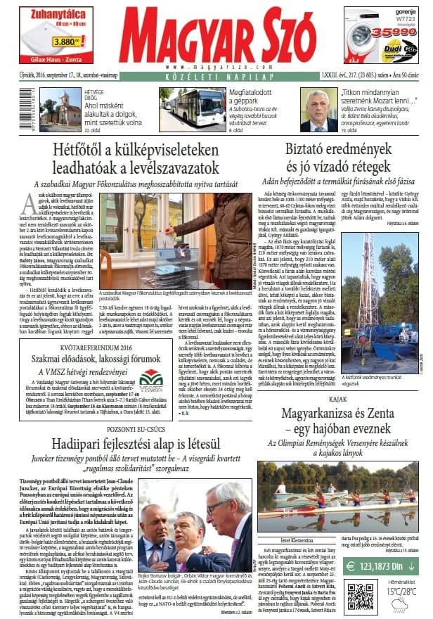 Magyar Szó, 73. évf. 2016. szeptember 17. – 18. 217. sz. 1–44. oldal
