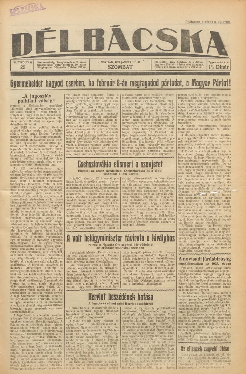 Délbácska, 6. évf. 1925. január 31. 25. sz.
