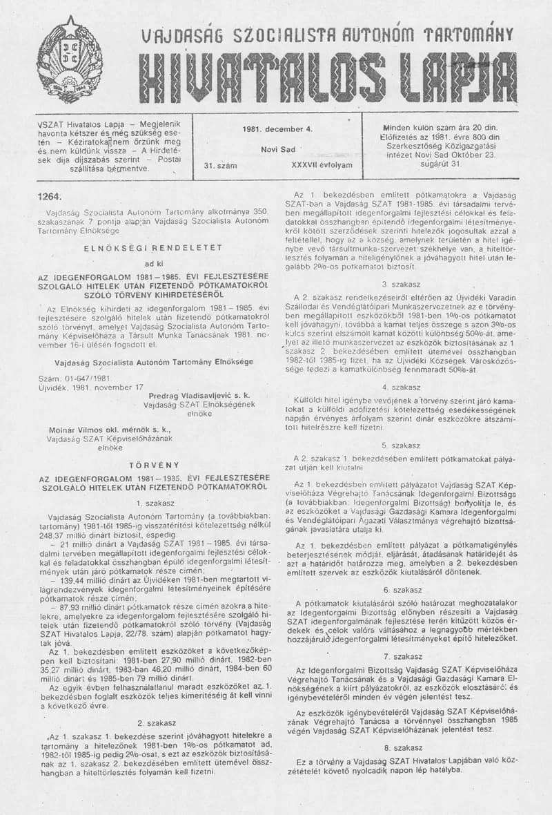 Vajdaság Szocialista Autonóm Tartomány Hivatalos Lapja, 37. évf. 1981. december 4. 31. sz.