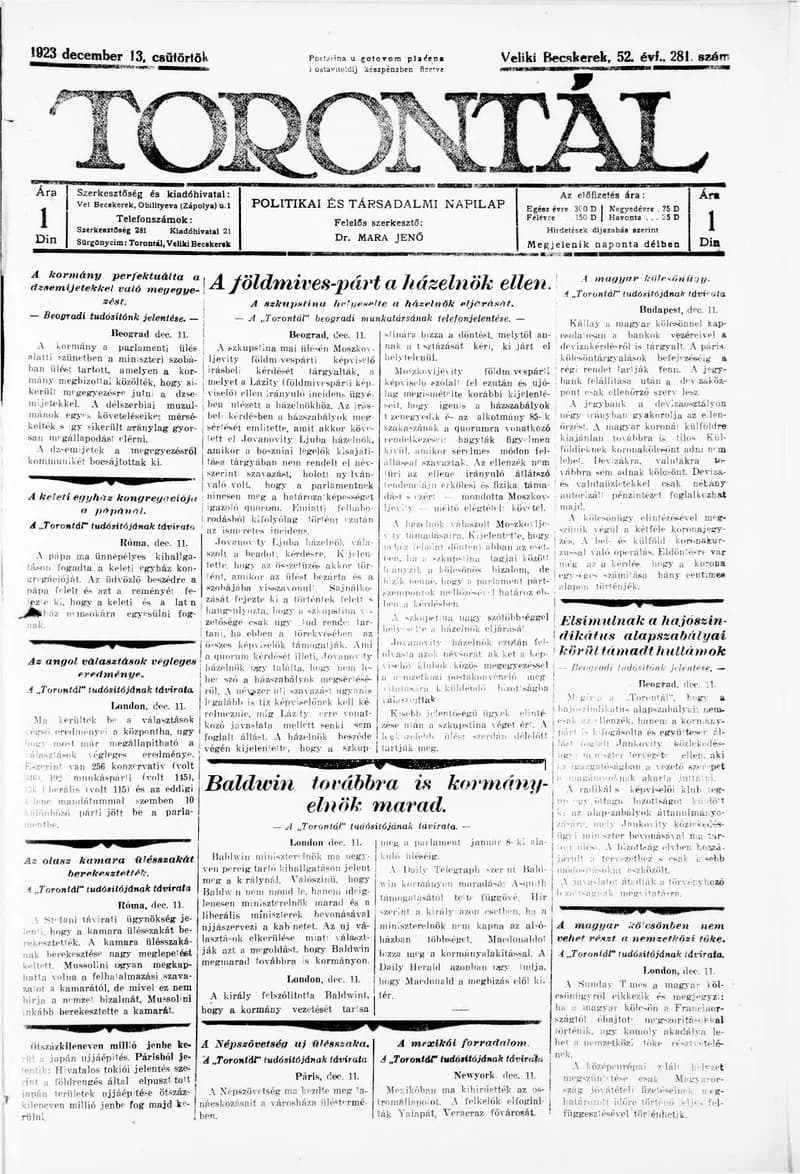 Torontál, 52. évf. 1923. december 13. 281. sz.