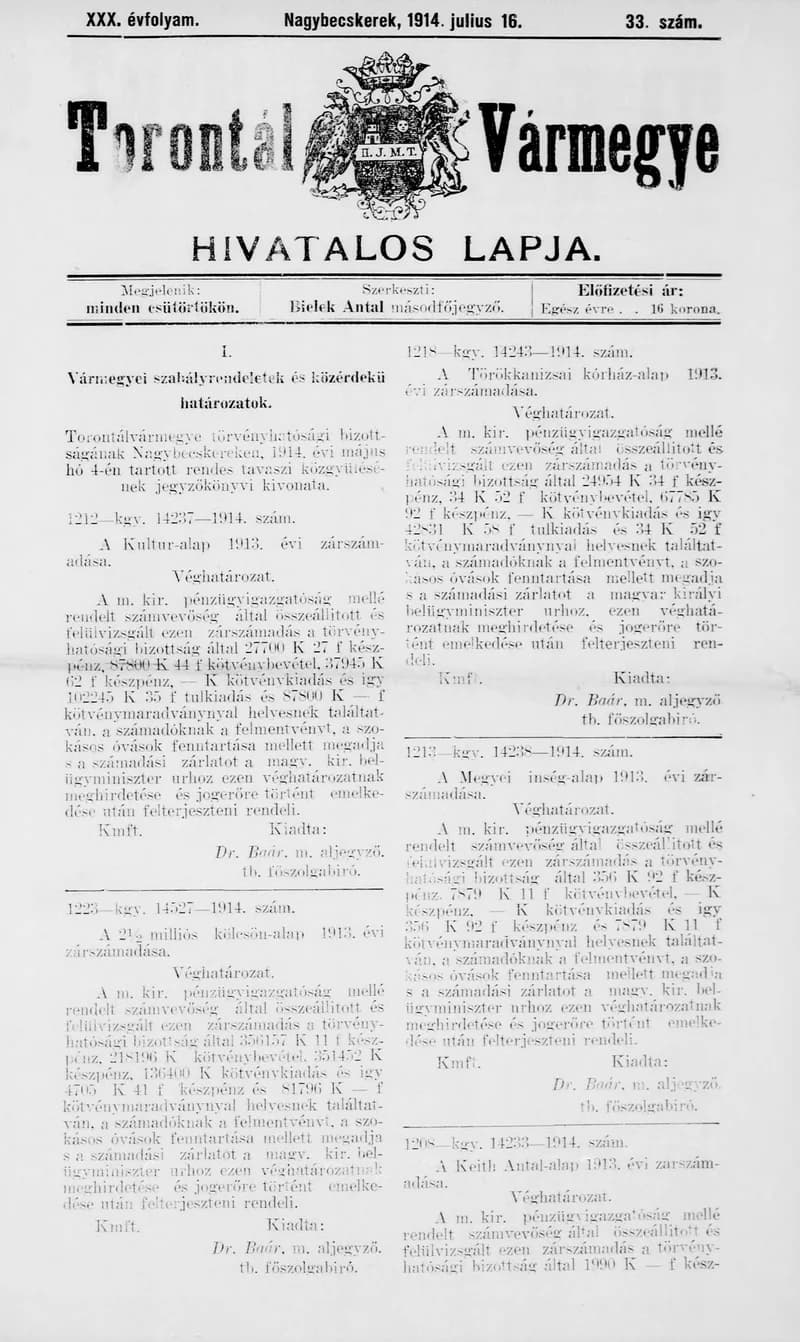 Torontál Vármegye Hivatalos Lapja, 30. évf. 1914. július 16. 33. sz.