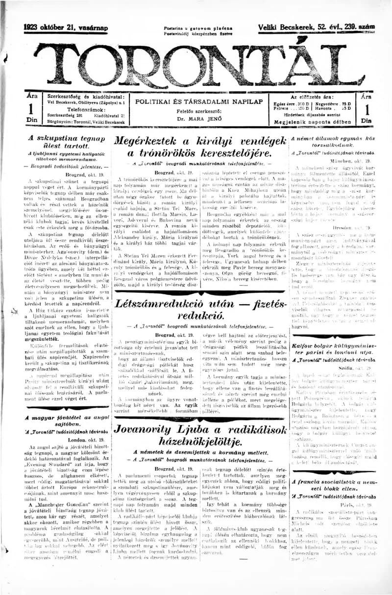Torontál, 52. évf. 1923. október 21. 239. sz.