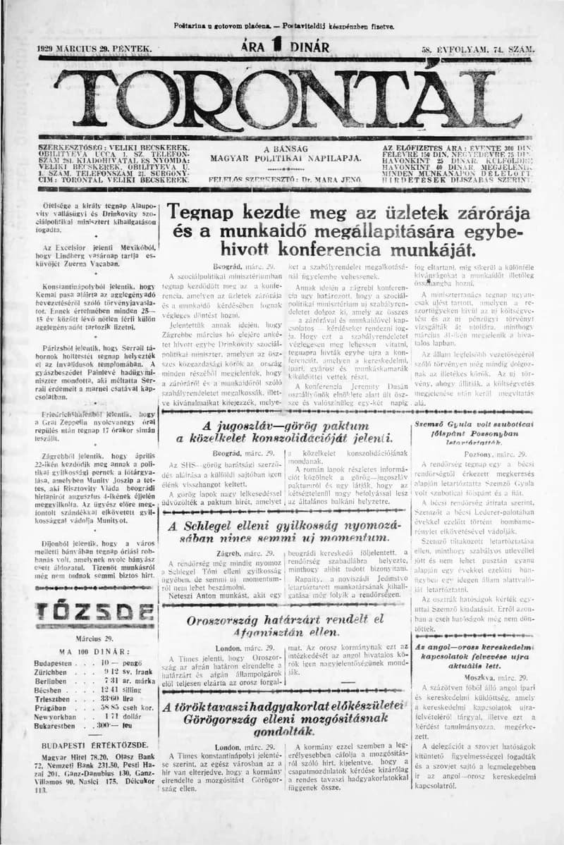 Torontál, 58. évf. 1929. március 29. 74. sz.