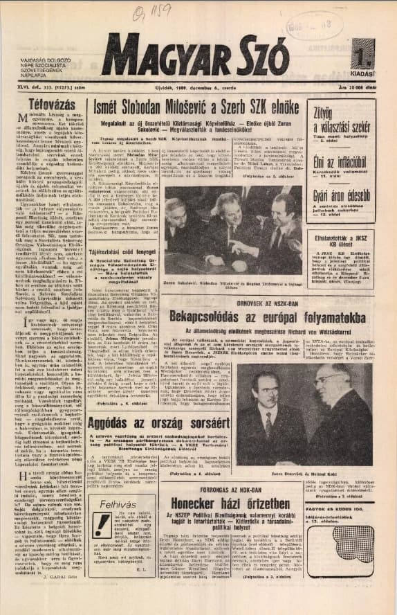 Magyar Szó, 46. évf. 1989. december 6. 333. sz. 1–16. oldal