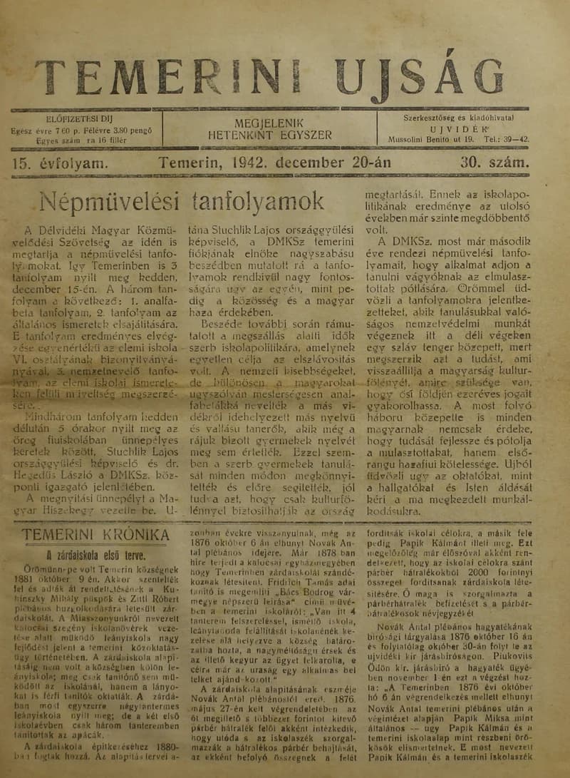 Temerini Újság 1928-1944, 15. évf. 1942. december 20. 30. sz.