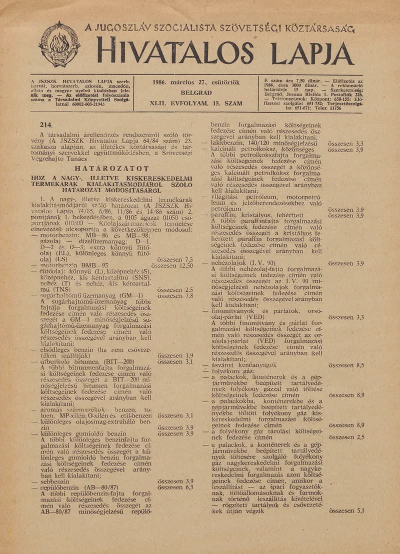 A Jugoszláv Szocialista Szövetségi Köztársaság Hivatalos Lapja, 42. évf. 1986. március 27. 15. sz. 409–412. oldal