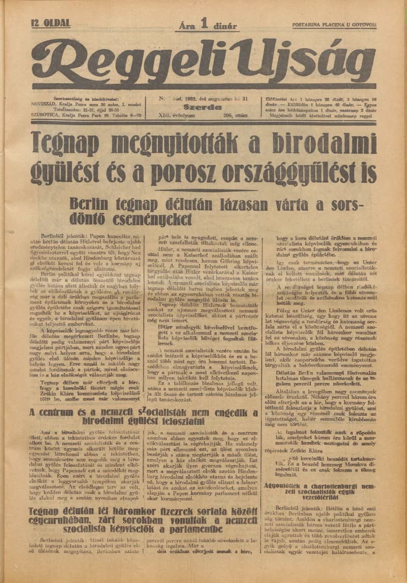 Reggeli Újság, 13. évf. 1932. augusztus 31. 206. sz.