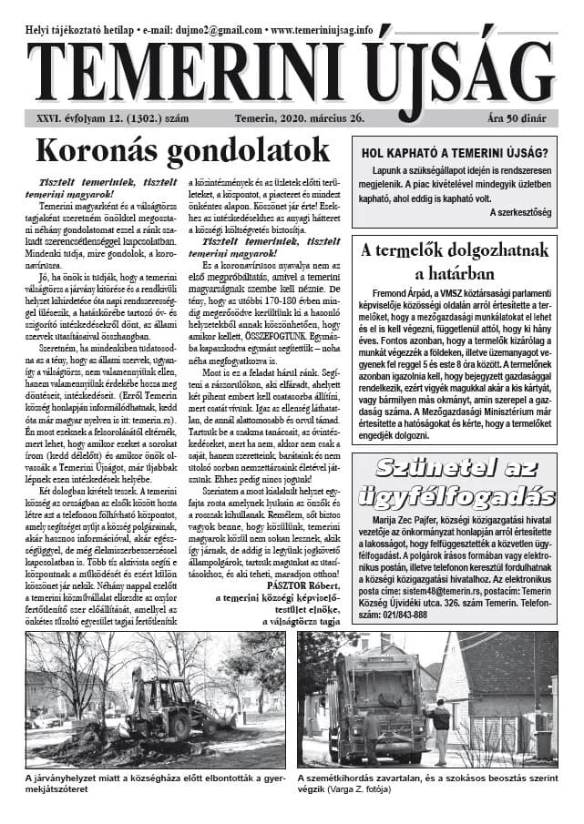 Temerini Újság, 26. évf. 2020. március 26. 12. sz.