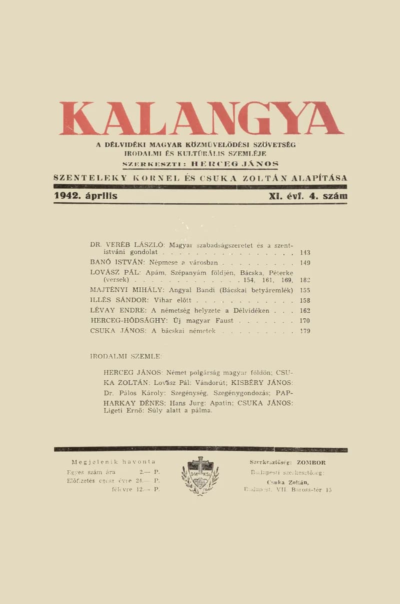 Kalangya, 11. évf. 1942. április. 4. sz. 143–189. oldal