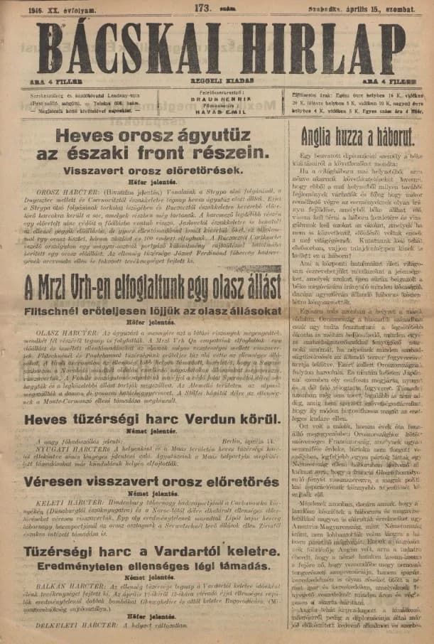 Bácskai Hirlap, 20. évf. 1916. április 15. 173. sz.