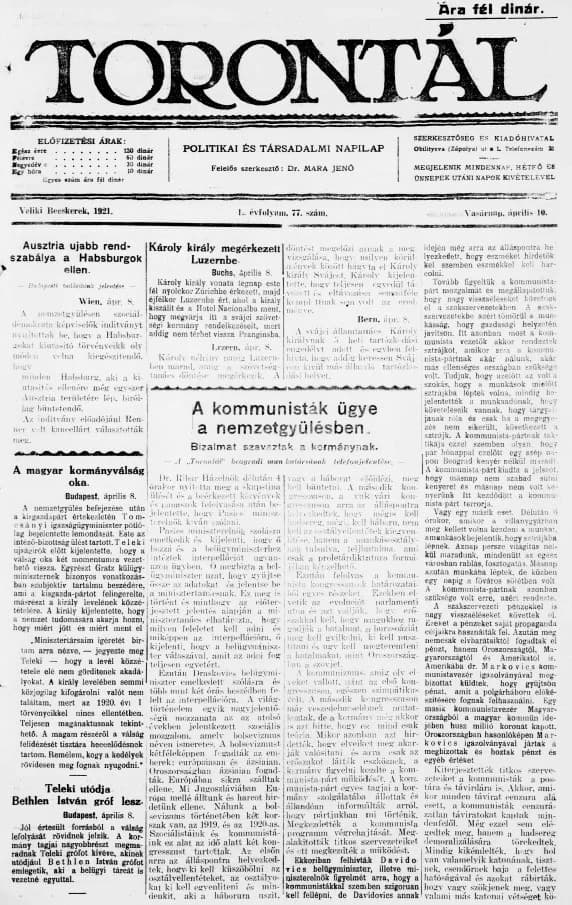 Torontál, 50. évf. 1921. április 10. 77. sz.