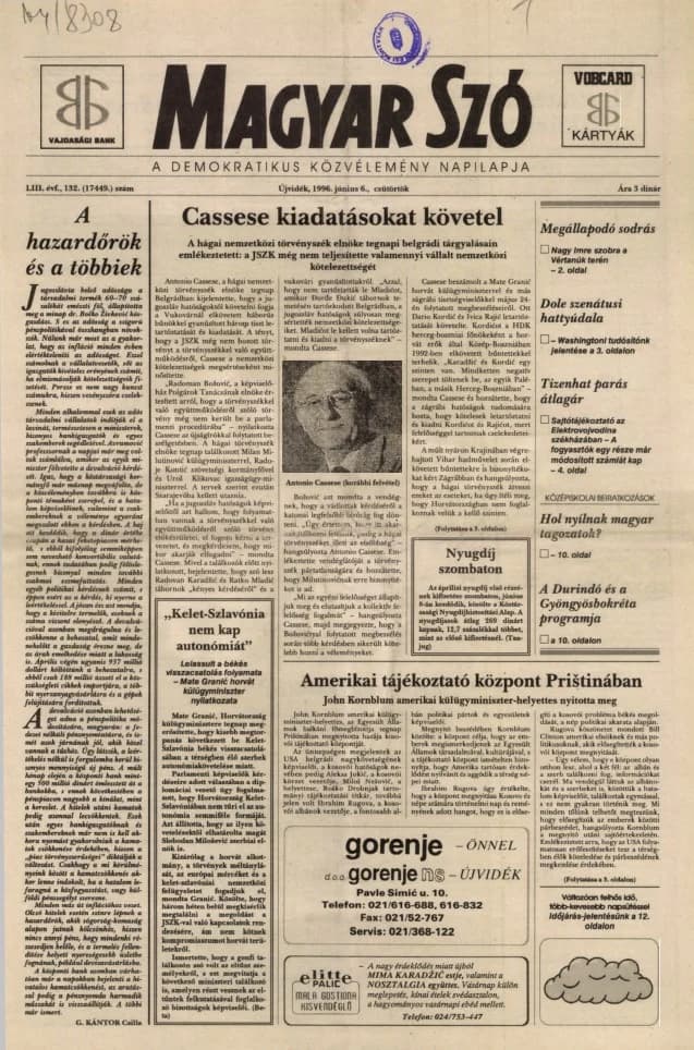 Magyar Szó, 53. évf. 1996. június 6. 132. sz. 1–16. oldal