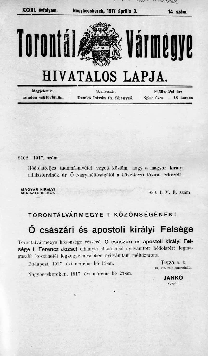Torontál Vármegye Hivatalos Lapja, 33. évf. 1917. április 3. 14. sz.