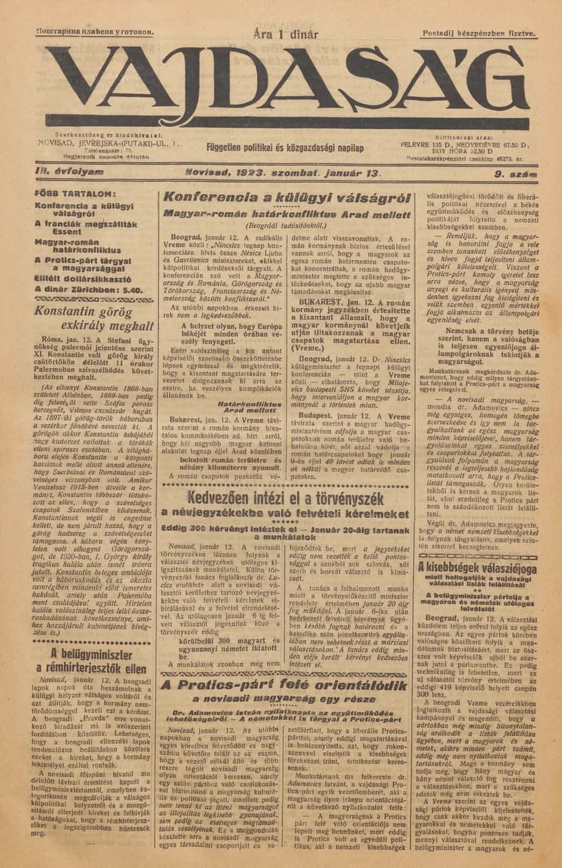Vajdaság, 3. évf. 1923. január 13. 9. sz.