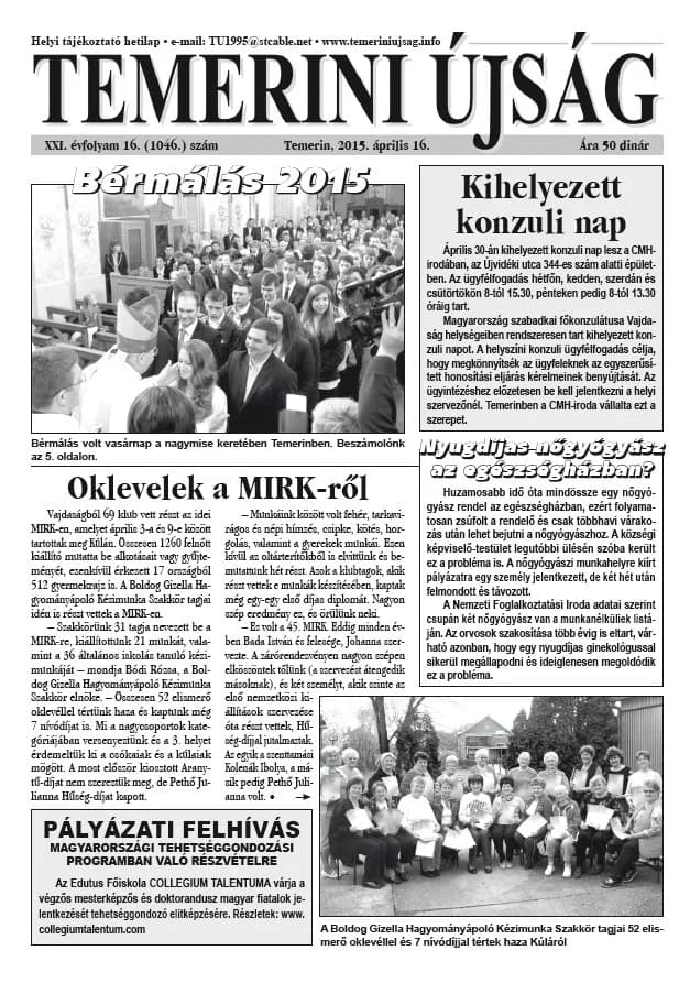 Temerini Újság, 21. évf. 2015. április 16. 16. sz.