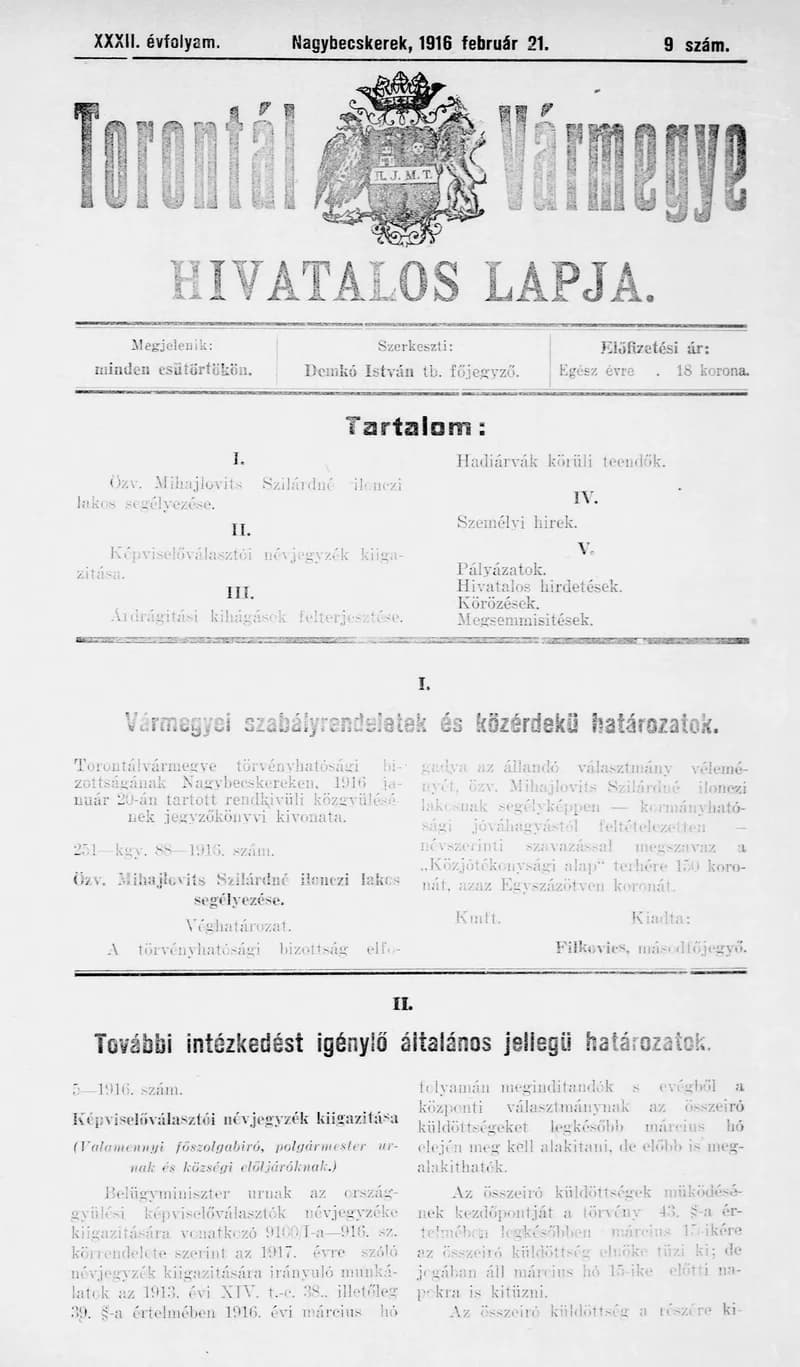 Torontál Vármegye Hivatalos Lapja, 32. évf. 1916. február 21. 9. sz.