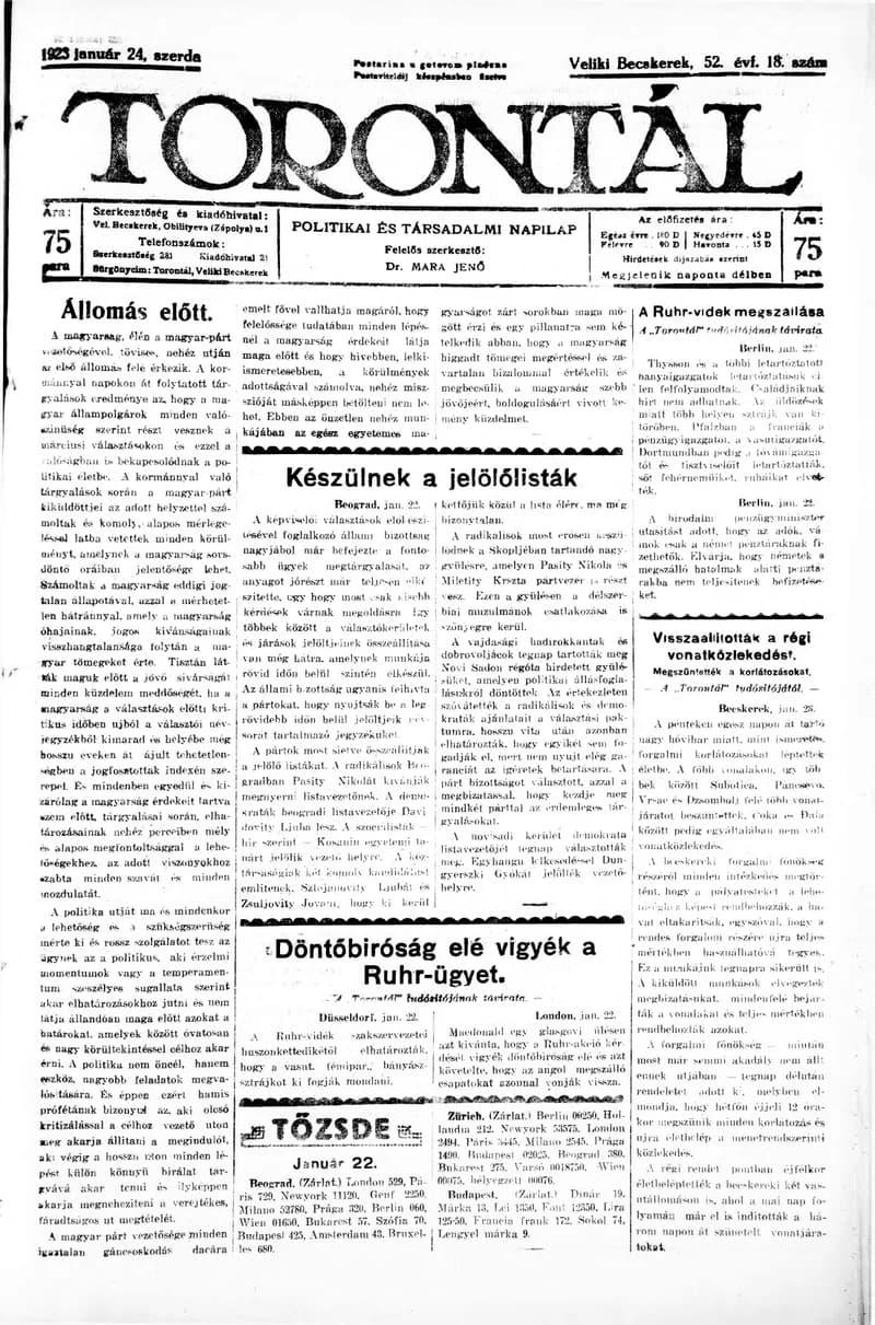 Torontál, 52. évf. 1923. január 24. 18. sz.