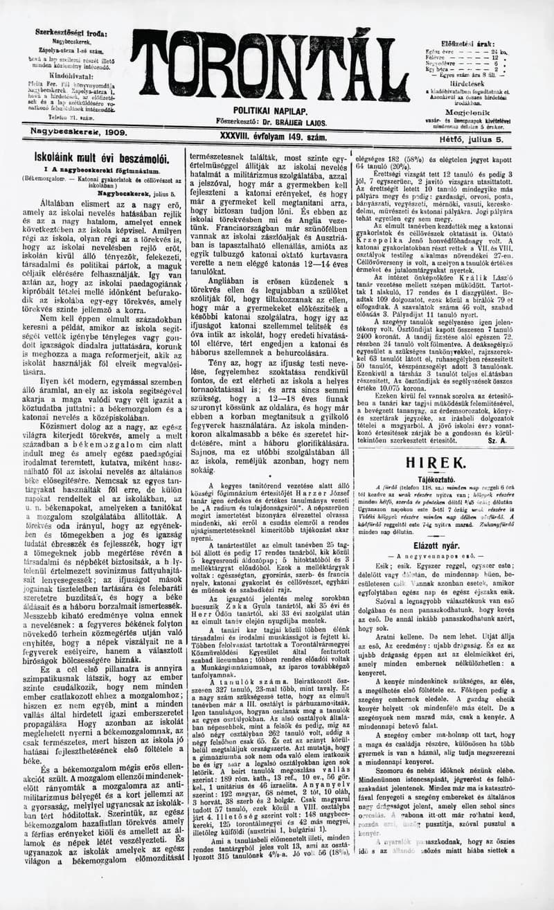 Torontál, 38. évf. 1909. július 5. 149. sz.