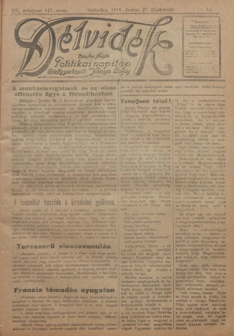 Délvidék, 12. évf. 1918. június 27. 147. sz.