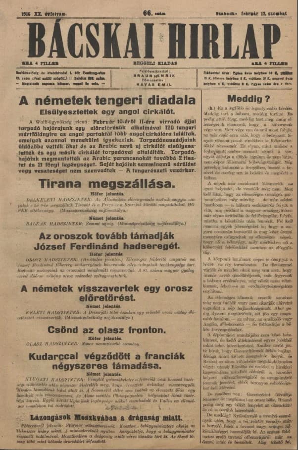 Bácskai Hirlap, 20. évf. 1916. február 12. 66. sz.