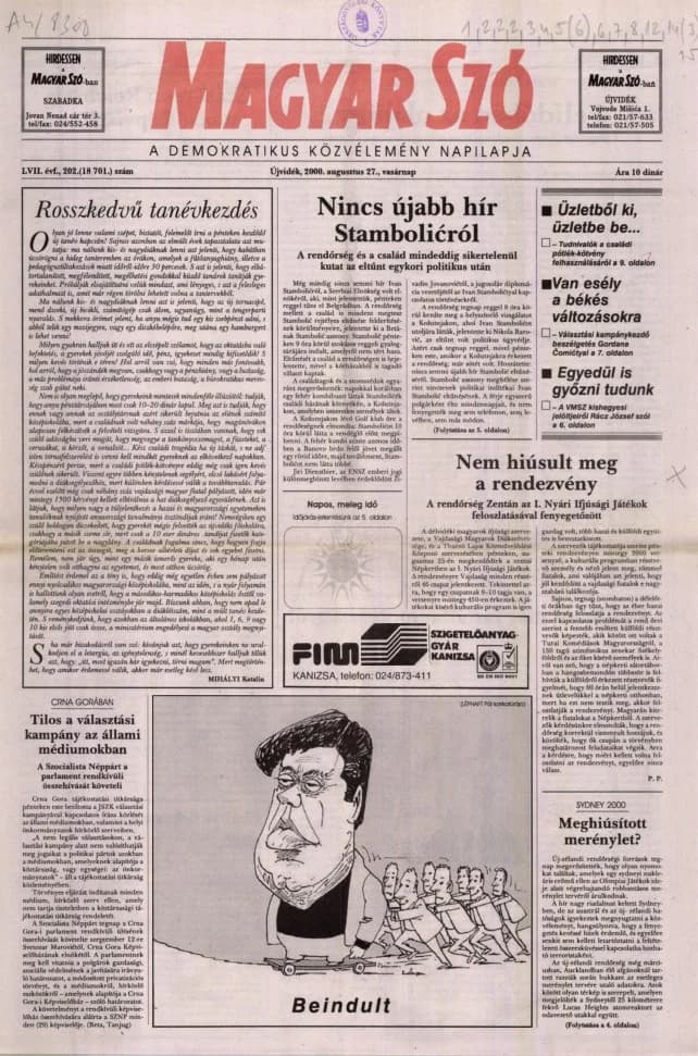 Magyar Szó, 57. évf. 2000. augusztus 27. 202. sz. 1–24. oldal