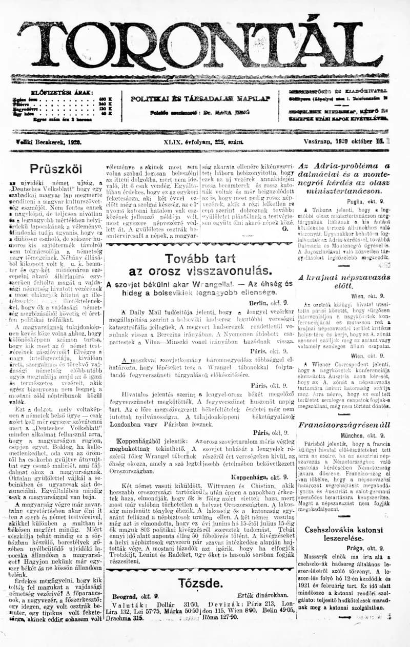 Torontál, 49. évf. 1920. október 10. 225. sz.
