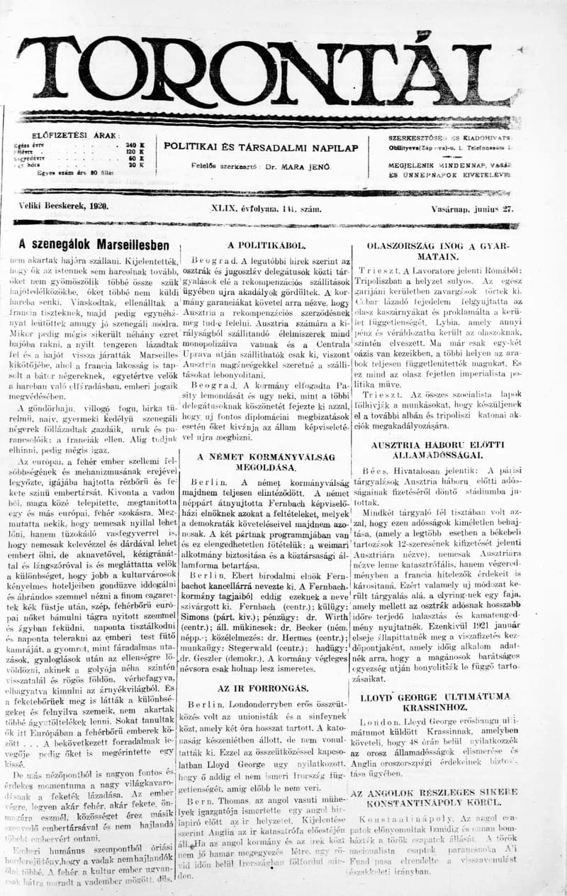 Torontál, 49. évf. 1920. június 27. 141. sz.