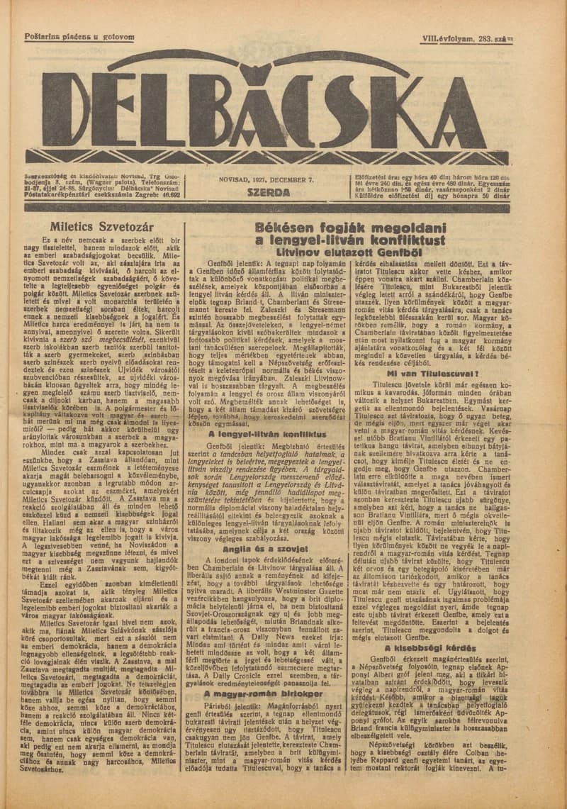 Délbácska, 8. évf. 1927. december 7. 283. sz.