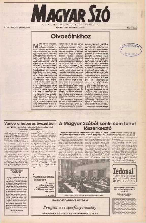 Magyar Szó, 48. évf. 1991. december 4. 332. sz. 1–16. oldal
