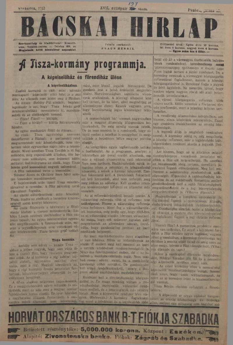 Bácskai Hirlap, 17. évf. 1913. június 13. 134. sz.