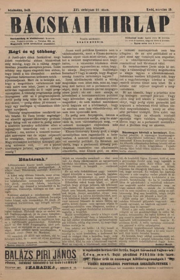 Bácskai Hirlap, 16. évf. 1912. március 19. 64. sz.