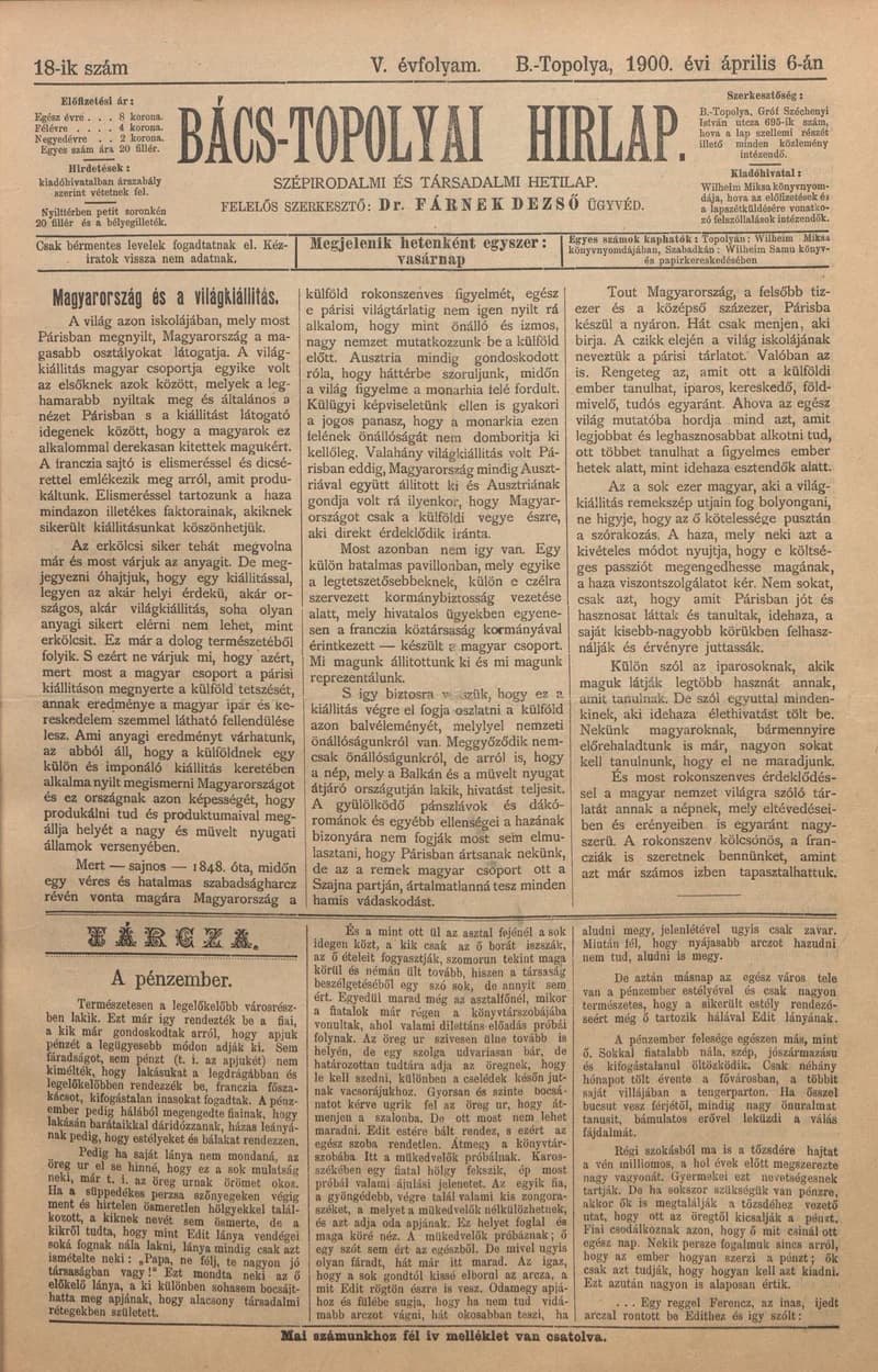 Bács-Topolyai Hirlap, 5. évf. 1900. május 6. 18. sz.