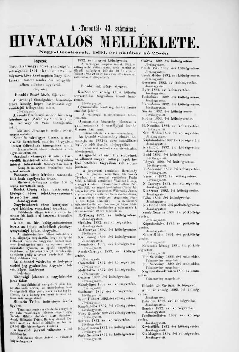 A Totontál  hivatalos melléklete, 4. évf. 1891. október 25. 43. sz.