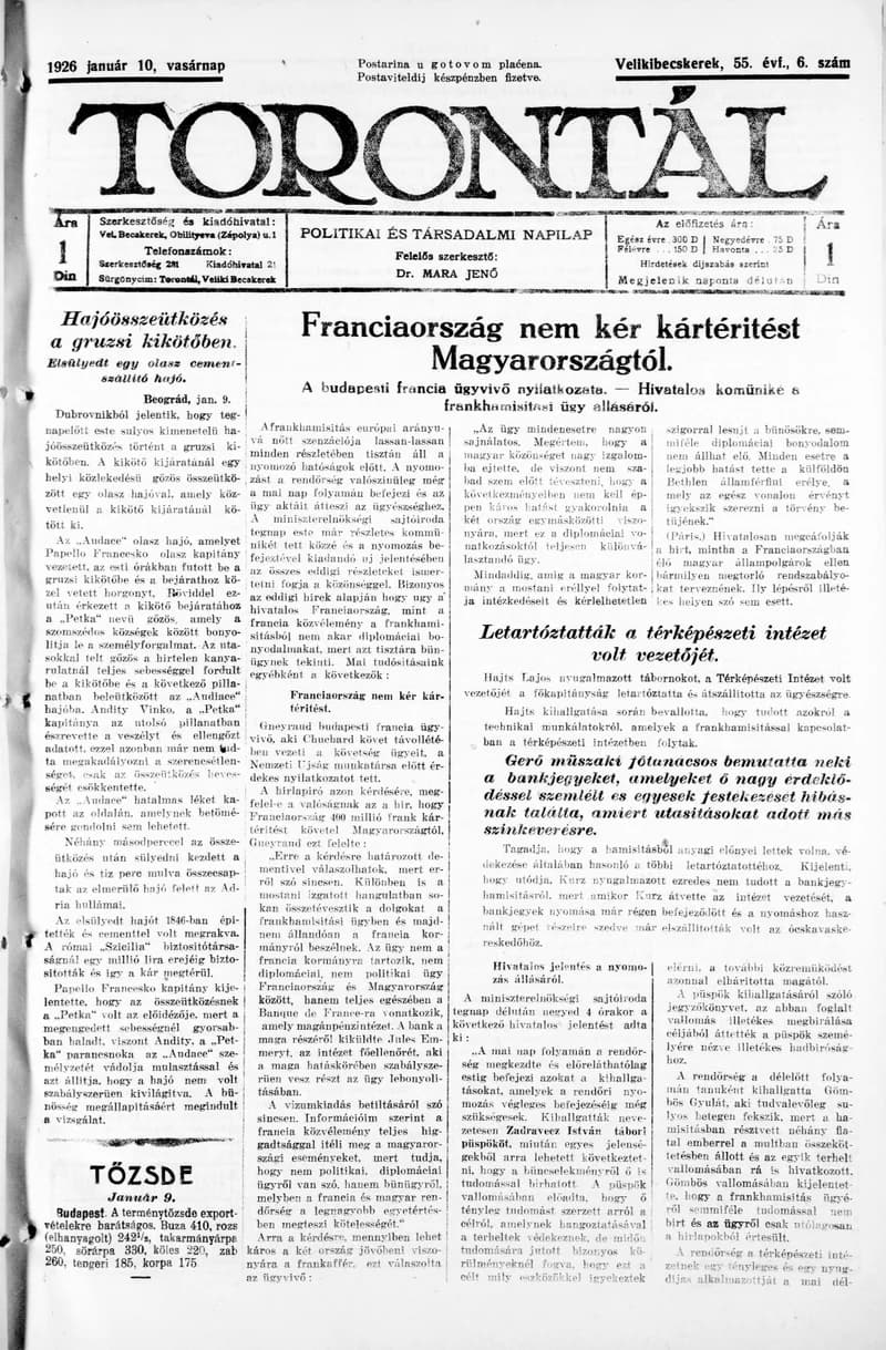 Torontál, 55. évf. 1926. január 10. 6. sz.