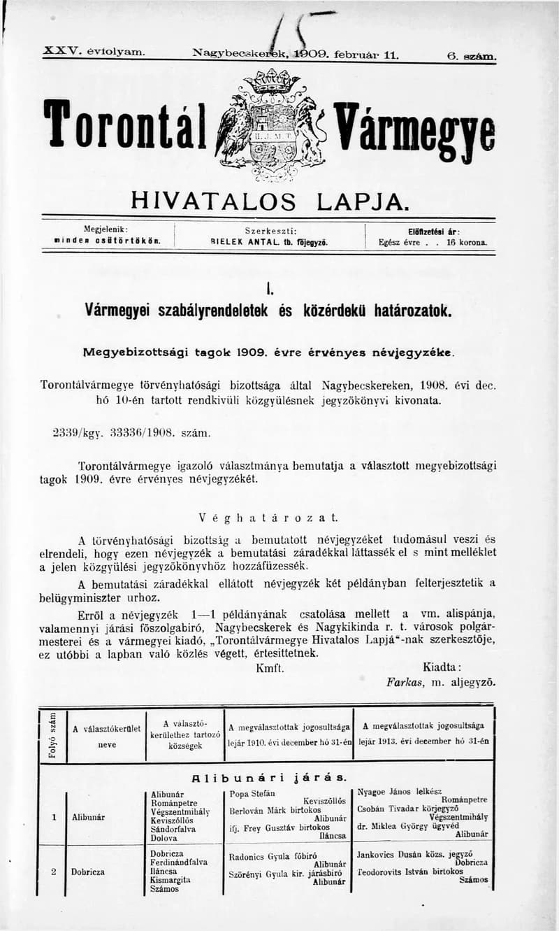 Torontál Vármegye Hivatalos Lapja, 25. évf. 1909. február 11. 6. sz.