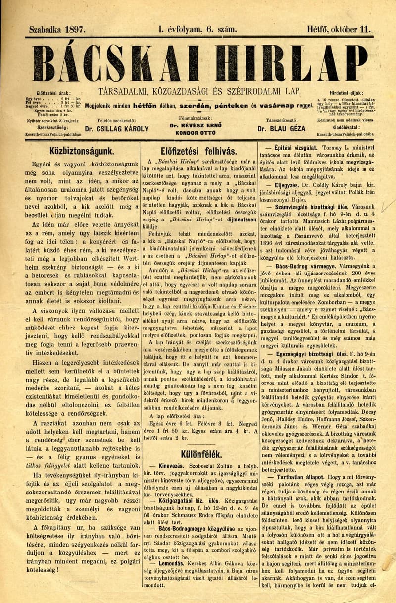 Bácskai Hirlap, 1. évf. 1897. október 11. 6. sz. 1–2. oldal