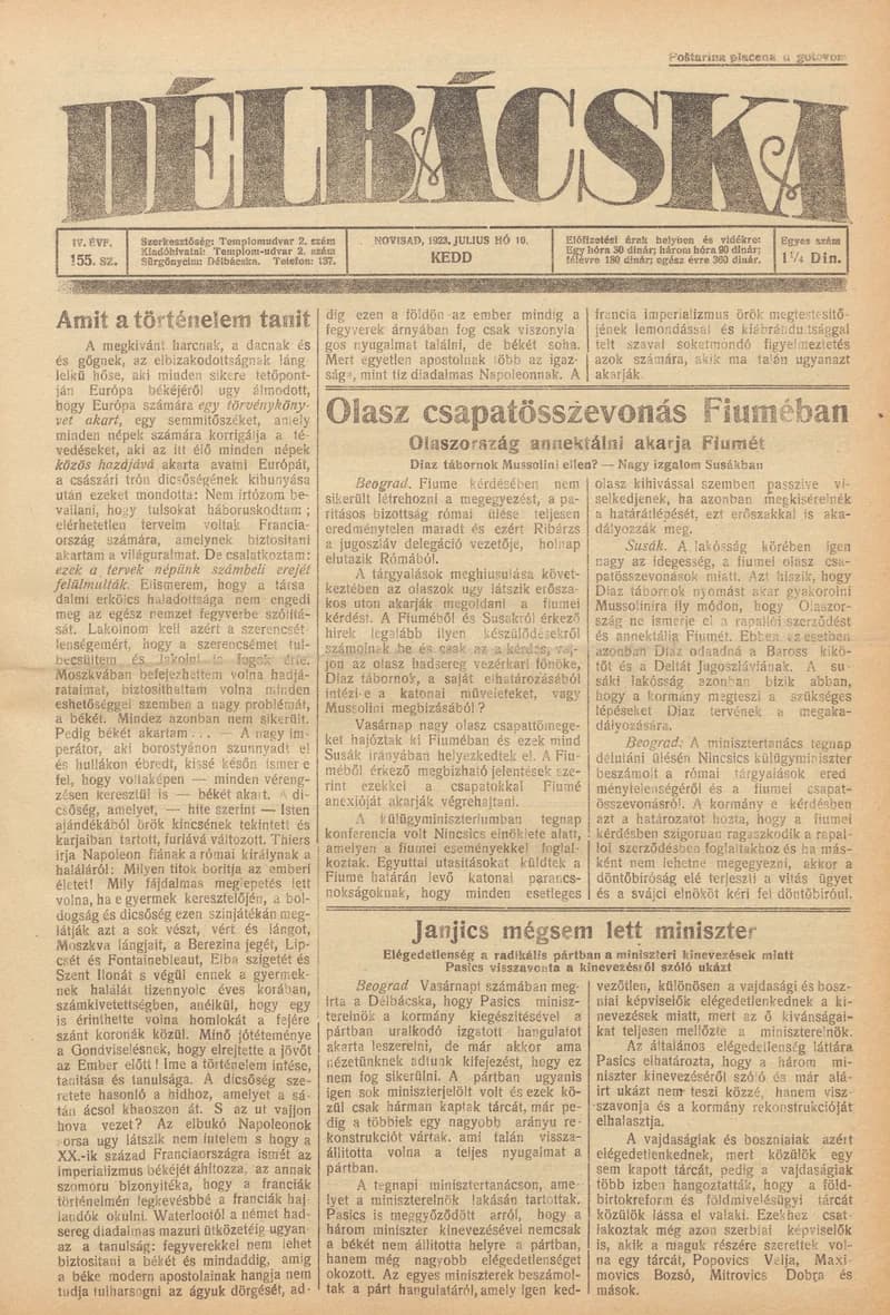 Délbácska, 4. évf. 1923. július 10. 155. sz.